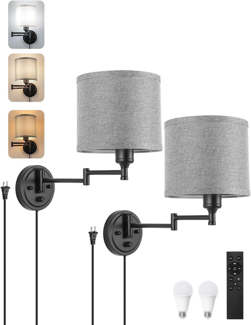 GOODATE Plug in Wall Sconces with Remote Control, Dimming 10%-100% & Adjustable Colors 2700K-6500K, Hardwire or Plug-in, Swing Arm Wall Lamp with Gray Fabric Shade, Wall Sconces Set of Two, Black Finish - Image 1